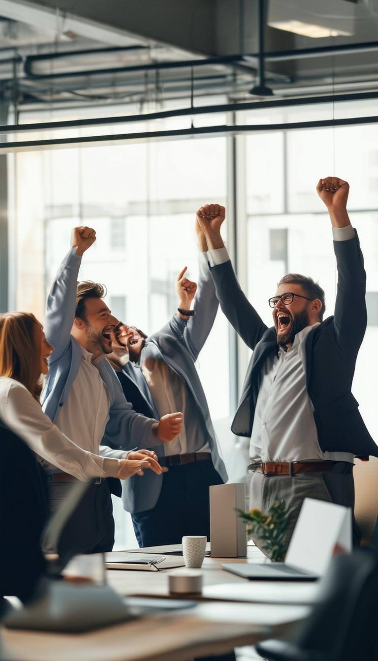 sales team celebrating in an office