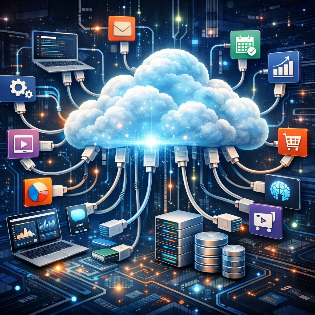 software company with cloud and lots of plugged in apps showcasing a complex system