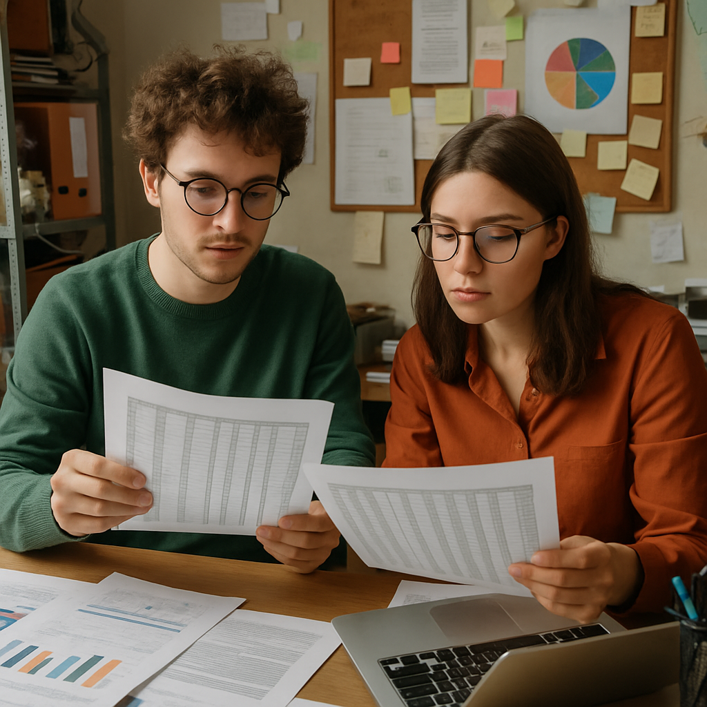 two young professionals reviewing spreadsheets in a small office typical chaotic startup environment